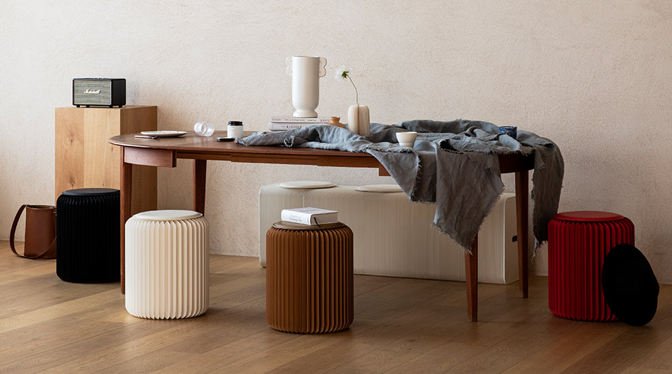 Signature Accordion Stool – Foldable Kraft Paper Seat in 4 Heights & Colour