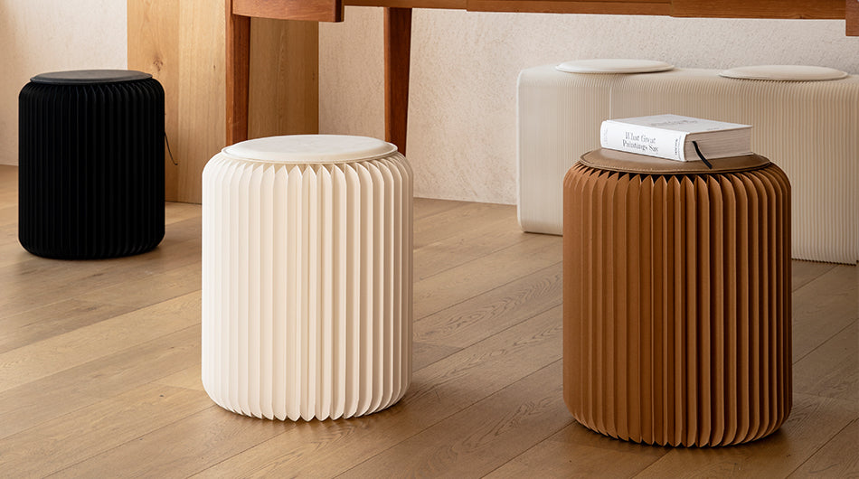 Signature Accordion Stool – Foldable Kraft Paper Seat in 4 Heights & Colour