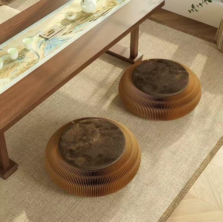 Paper Futon Seat – Foldable Round Kraft Seating with Rattan or Faux Fur seat