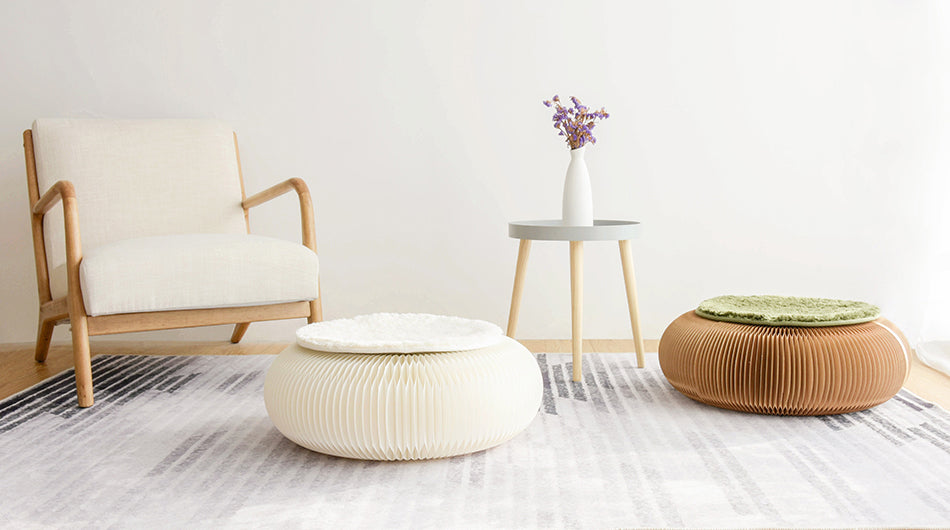 Paper Futon Seat – Foldable Round Kraft Seating with Rattan or Faux Fur seat