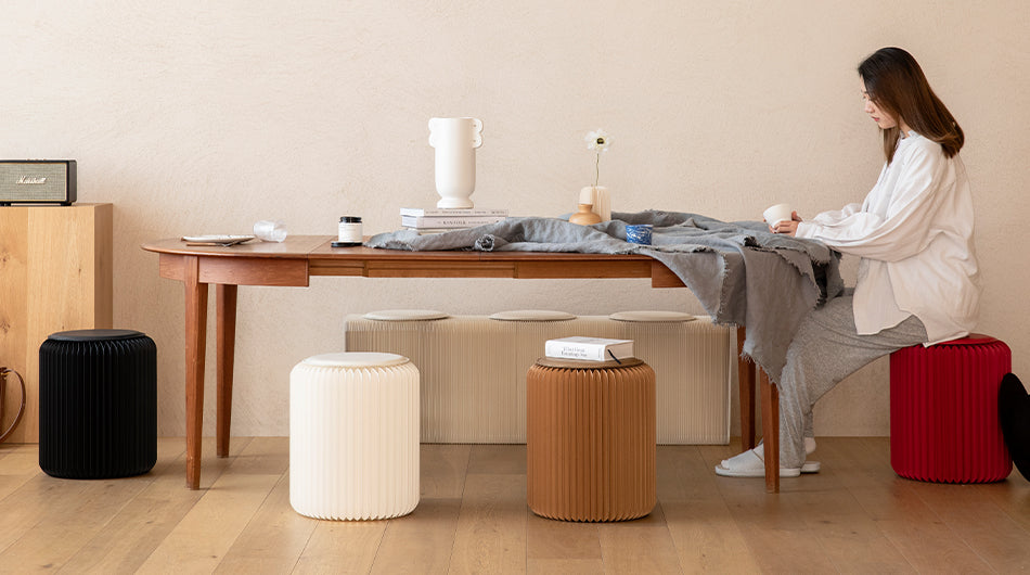 Signature Accordion Stool – Foldable Kraft Paper Seat in 4 Heights & Colour