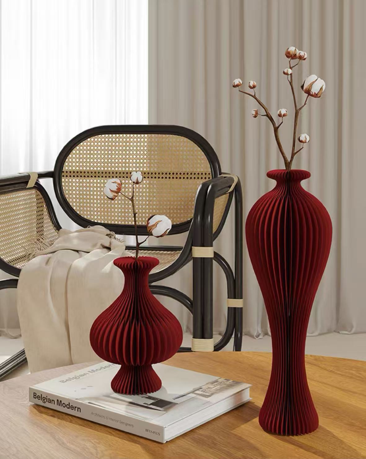 Dynasty Curve Foldable Paper Vase – Elegant Chinese Silhouette in Green, Red, and White