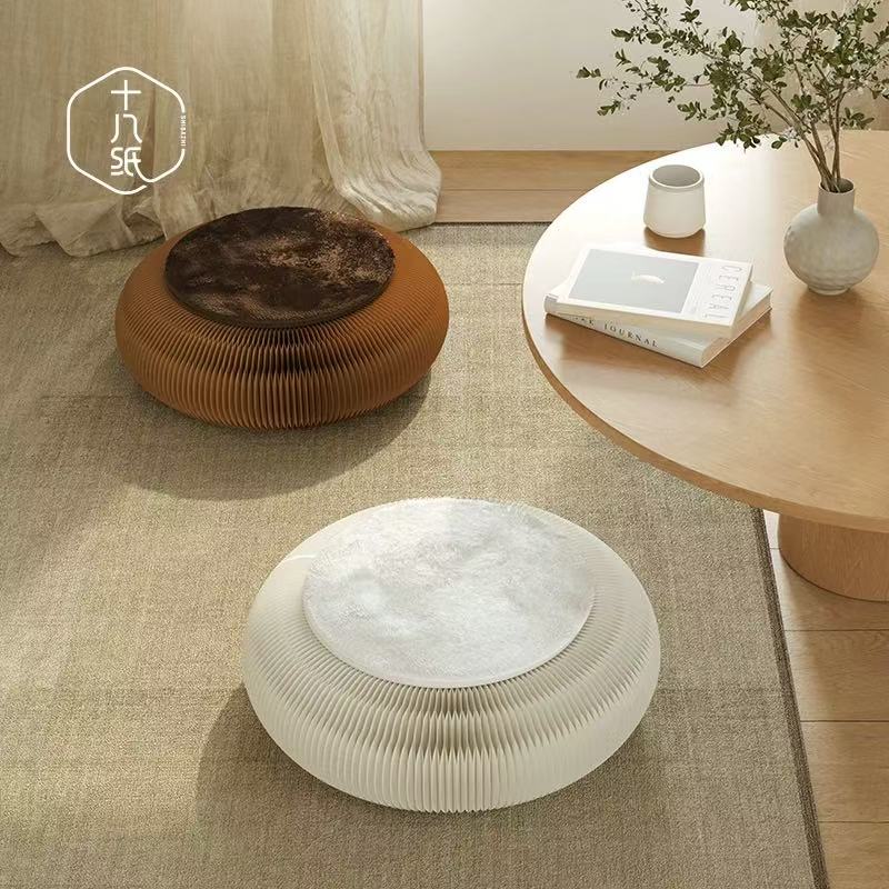 Paper Futon Seat – Foldable Round Kraft Seating with Rattan or Faux Fur seat